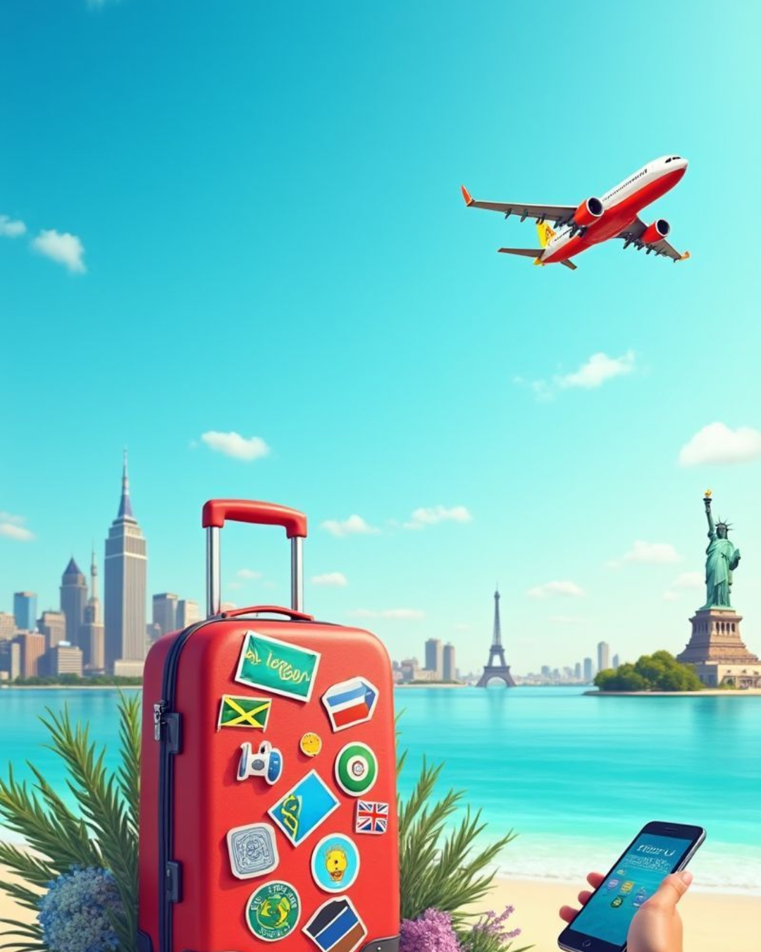 Red travel suitcase with stickers, airplane overhead
