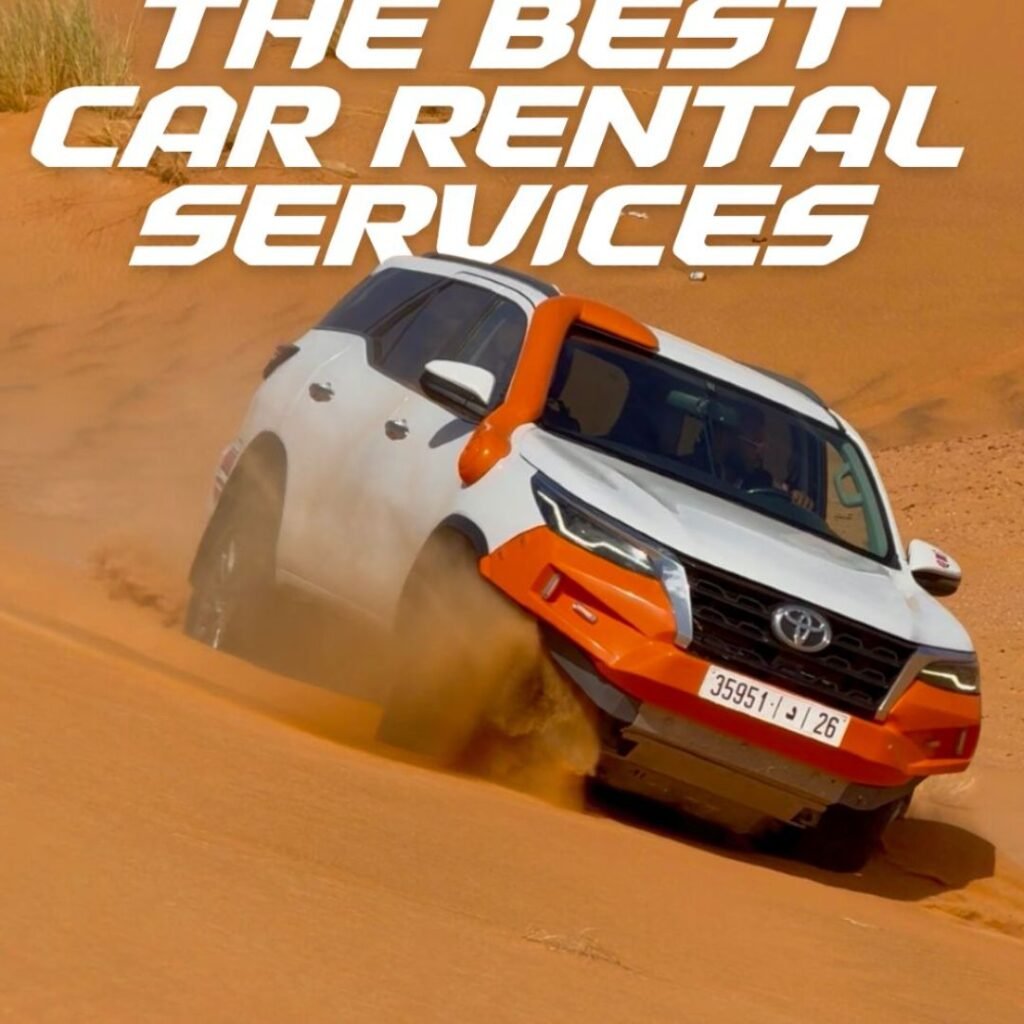 Toyota Fortuner driving through desert sand dunes promoting the best car rental services for adventure and off-road travel.
